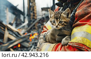 kitten in the hands of a firefighter against the backdrop of a burnt house. rescuing animals from fire. Стоковое AI-изображение, AI-художник Александр Довянский / Фотобанк Лори