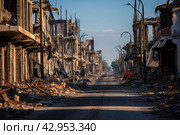 The aftermath of the bombing in the city of israel reveals a haunting scene of devastationThe once vibrant streets are now filled with rubble and charred remnants of buildingsThe destruction is overwhelming, as entire structures have been reduced to mere. Стоковое AI-изображение, AI-художник Александр Довянский / Фотобанк Лори