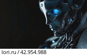 An advanced humanoid robot with a sleek, metallic design and glowing blue lights, embodying cutting-edge artificial intelligence and robotics. Стоковое AI-видео, аниматор Lena Bereberdina / Фотобанк Лори