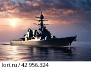 View of naval warship under sunset evening sky, mission military control of open sea. Skyline scenery of battleship on protection of water state borders. Naval forces army concept. Copy ad text space. Стоковое AI-изображение, AI-художник Aleksandr Golubev / Фотобанк Лори