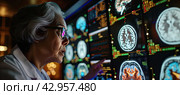 An elderly female doctor examines X-rays of patients. The doctor is at work. Стоковое AI-изображение, AI-художник Ярославский Максим / Фотобанк Лори