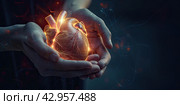 A burning heart in the hands of a man on a dark background. Стоковое AI-изображение, AI-художник Ярославский Максим / Фотобанк Лори