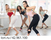 Female instructor performing graceful sass dance at group class. Стоковое фото, фотограф Яков Филимонов / Фотобанк Лори
