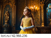 Portrait fashionable little girl in yellow dress and gloves in decorated mystical room. Elegant beauty stylish princess smiling looking up. Fantasy art photo, fairy tale concept. Copy text space. Стоковое AI-изображение, AI-художник Aleksandr Golubev / Фотобанк Лори