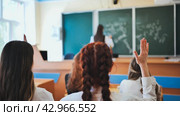 Intelligent group of young school children all raising their hands in the air to answer a question posed by the female teacher, view from behind. Стоковое фото, фотограф Mikhail Davidovich / Фотобанк Лори