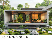 The modern style house is surrounded by landscaping with stones and green plants and trees. sustainable development concept. Стоковое AI-изображение, AI-художник Ирина Михайличенко / Фотобанк Лори