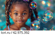 Little Girl With Braids and Bubbles in Her Hair. Стоковое AI-изображение, AI-художник Юлия Гапеенко / Фотобанк Лори