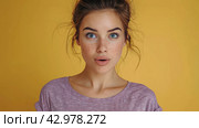 Woman Making a Surprised Face With Wide Eyes. Стоковое AI-изображение, AI-художник Юлия Гапеенко / Фотобанк Лори