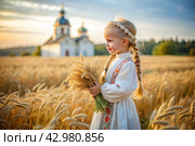 Russian Russian girl in a white dress and a Russian headscarf holds golden ears of wheat against the background of a ripening field and an Orthodox church. The concept of planting and harvesting a rich harvest. Rural landscape. Стоковое AI-изображение, AI-художник Photojuli / Фотобанк Лори