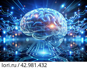 Digital technologies of the future. Artificial intelligence. The brain and digital codes on a virtual screen. The image was created using artificial intelligence. Стоковое AI-изображение, AI-художник Photojuli / Фотобанк Лори