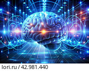 Digital technologies of the future. Artificial intelligence. The brain and digital codes on a virtual screen. The image was created using artificial intelligence. Стоковое AI-изображение, AI-художник Photojuli / Фотобанк Лори
