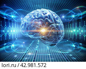 Digital technologies of the future. Artificial intelligence. The brain and digital codes on a virtual screen. The image was created using artificial intelligence. Стоковое AI-изображение, AI-художник Photojuli / Фотобанк Лори