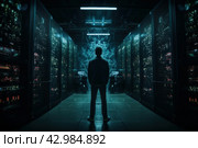 Focused Person standing in front of dark server room. Generate ai. Стоковое AI-изображение, AI-художник Иван Рябоконь / Фотобанк Лори