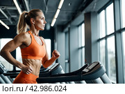 Sporty woman workout on treadmill in modern fitness gym. Adult lady in orange running in interior sports center, exercises treadmill. Cardio working out and sport training concept. Copy ad text space. Стоковое AI-изображение, AI-художник Aleksandr Golubev / Фотобанк Лори