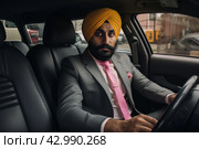 Sikh adult taxi driver city street. Generate AI. Стоковое AI-изображение, AI-художник Иван Рябоконь / Фотобанк Лори