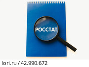 Российская статистика. Блокнот Росстат и лупа. Население России. Russian statistics. Rosstat notebook and magnifying glass. Population of Russia. (2024 год). Стоковое фото, фотограф Ольга Митряева / Фотобанк Лори