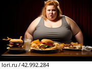 Voracious Overweight woman eating. Generate Ai. Стоковое AI-изображение, AI-художник Иван Рябоконь / Фотобанк Лори