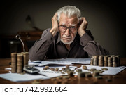 Pensioner managing finances at morning sunlight. Generate Ai. Стоковое AI-изображение, AI-художник Иван Рябоконь / Фотобанк Лори
