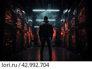Mysterious Person standing in front of dark server room. Generate ai. Стоковое AI-изображение, AI-художник Иван Рябоконь / Фотобанк Лори