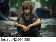 Dejected Sad boy living in poverty at village street. Generate ai. Стоковое AI-изображение, AI-художник Иван Рябоконь / Фотобанк Лори