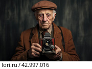 Intrepid old man take photo at street. Generate Ai. Стоковое AI-изображение, AI-художник Иван Рябоконь / Фотобанк Лори