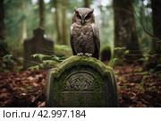 Spooky Owl on cemetery gravestone in darkness. Generate ai. Стоковое AI-изображение, AI-художник Иван Рябоконь / Фотобанк Лори