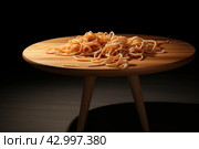 Unpolished Pasta wooden table. Generate Ai. Стоковое AI-изображение, AI-художник Иван Рябоконь / Фотобанк Лори