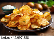 Addictive Plates potato chips snack. Generate Ai. Стоковое AI-изображение, AI-художник Иван Рябоконь / Фотобанк Лори