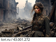 Tenacious Military woman strong ruined city. Generate Ai. Стоковое AI-изображение, AI-художник Иван Рябоконь / Фотобанк Лори