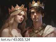Romantic Princess with crown with her prince. Generate ai. Стоковое AI-изображение, AI-художник Иван Рябоконь / Фотобанк Лори