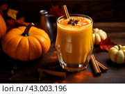 Creamy Pumpkin healthy drink glass. Generate Ai. Стоковое AI-изображение, AI-художник Иван Рябоконь / Фотобанк Лори