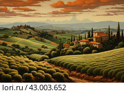 Lush Retro italian landscape view. Generate Ai. Стоковое AI-изображение, AI-художник Иван Рябоконь / Фотобанк Лори