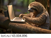 Inefficient Sloth working laptop slow. Generate Ai. Стоковое AI-изображение, AI-художник Иван Рябоконь / Фотобанк Лори