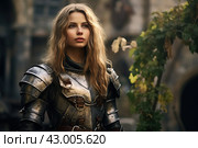 Chivalrous Medieval knight woman in city. Generate Ai. Стоковое AI-изображение, AI-художник Иван Рябоконь / Фотобанк Лори