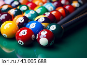 Vibrant Many colorful billiard balls and cue. Generate Ai. Стоковое AI-изображение, AI-художник Иван Рябоконь / Фотобанк Лори