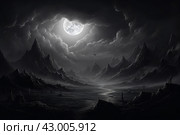 Serene Monochrome big moon above the mountains. Generate ai. Стоковое AI-изображение, AI-художник Иван Рябоконь / Фотобанк Лори