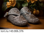 Inviting Pair of grey slippers on floor. Generate Ai. Стоковое AI-изображение, AI-художник Иван Рябоконь / Фотобанк Лори