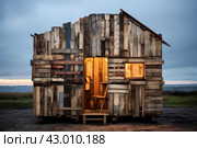 Ramshackle Shack wooden old pallets example roof. Generate Ai. Стоковое AI-изображение, AI-художник Иван Рябоконь / Фотобанк Лори
