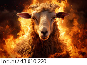 Eerie Nightmare sheep with fire flames. Generate ai. Стоковое AI-изображение, AI-художник Иван Рябоконь / Фотобанк Лори