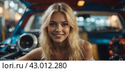 A beautiful blonde girl at an auto sound competition. Car music. Subwoofers, amplifiers, acoustics. Car audio system. Стоковое AI-изображение, AI-художник Александр Поташев / Фотобанк Лори