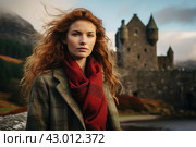 Historical Scot woman skirt scottish castle. Generate Ai. Стоковое AI-изображение, AI-художник Иван Рябоконь / Фотобанк Лори