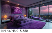 Bedroom With Purple Bed and Large Window. Стоковое AI-изображение, AI-художник Юлия Гапеенко / Фотобанк Лори