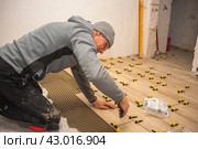 The process of laying floor tiles on the SVP Base, Tile Leveling System. Стоковое фото, фотограф Evgenii Predibailo / Фотобанк Лори