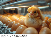 Newborn little yellow chicken in the incubator. Стоковое AI-изображение, AI-художник Ирина Михайличенко / Фотобанк Лори