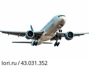 Commercial Airplane Landing Against Sky. Стоковое AI-изображение, AI-художник Кирилл Черезов / Фотобанк Лори