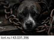Terrified Abused dog locked in chains. Generate ai. Стоковое AI-изображение, AI-художник Иван Рябоконь / Фотобанк Лори