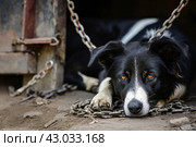 Malnourished Abused dog locked in chains. Generate ai. Стоковое AI-изображение, AI-художник Иван Рябоконь / Фотобанк Лори