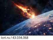 Fearsome Asteroid earth collision. Generate Ai. Стоковое AI-изображение, AI-художник Иван Рябоконь / Фотобанк Лори