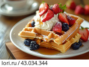 Aromatic Bakes waffles morning. Generate Ai. Стоковое AI-изображение, AI-художник Иван Рябоконь / Фотобанк Лори