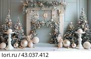 Fireplace Adorned With Gold and Silver Ornaments. Стоковое AI-изображение, AI-художник Юлия Гапеенко / Фотобанк Лори